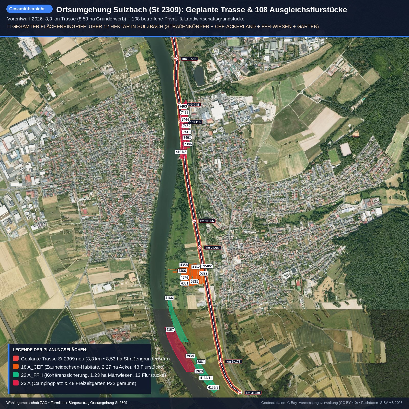 Gesamtübersicht über alle 108 Ausgleichsflurstücke und die Trasse der OU Sulzbach St 2309